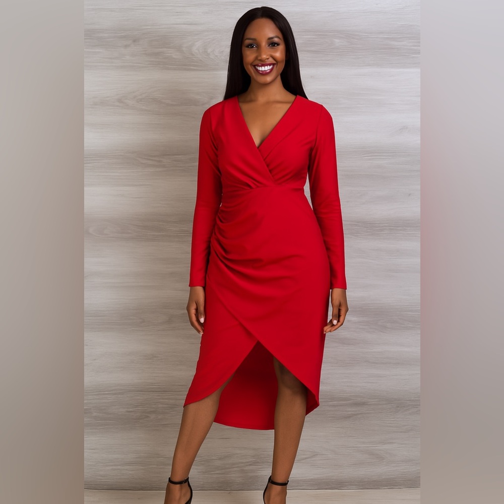 IPONA Elegant Faux Wrap Red High Low Midi Dress Size M - Picture 3 of 7